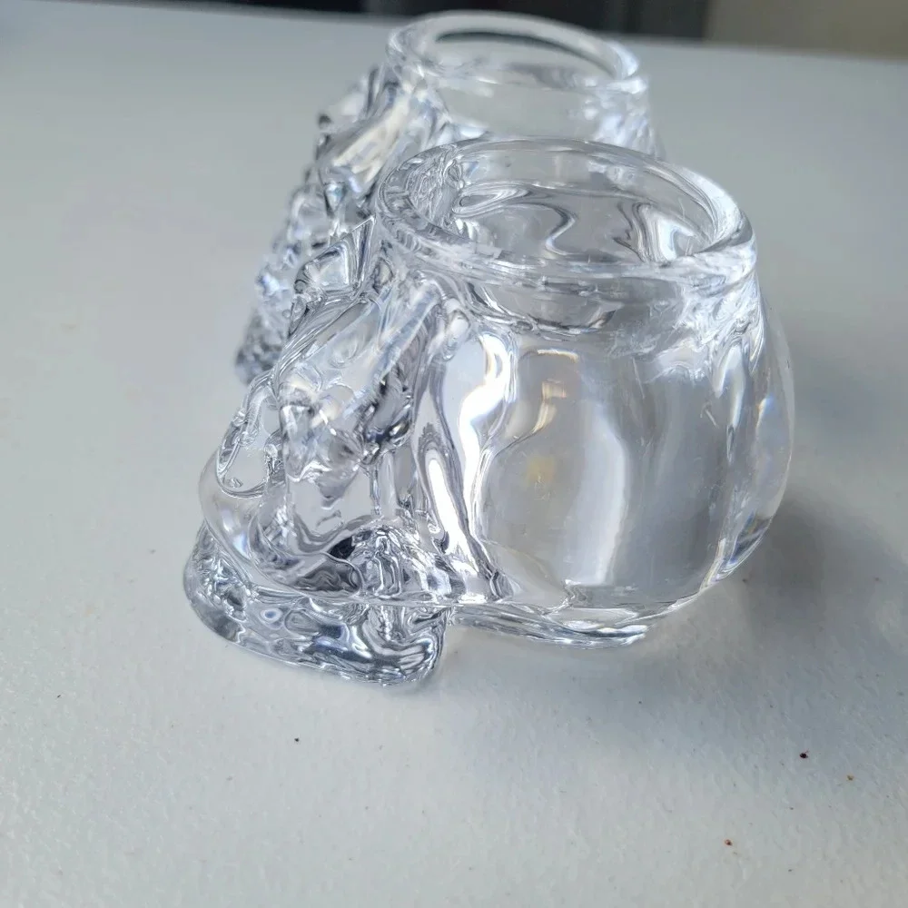 Set Of 2 Halloween Decor Art Glass Scull  Candleholder Tea Crystal Clear Heavy
